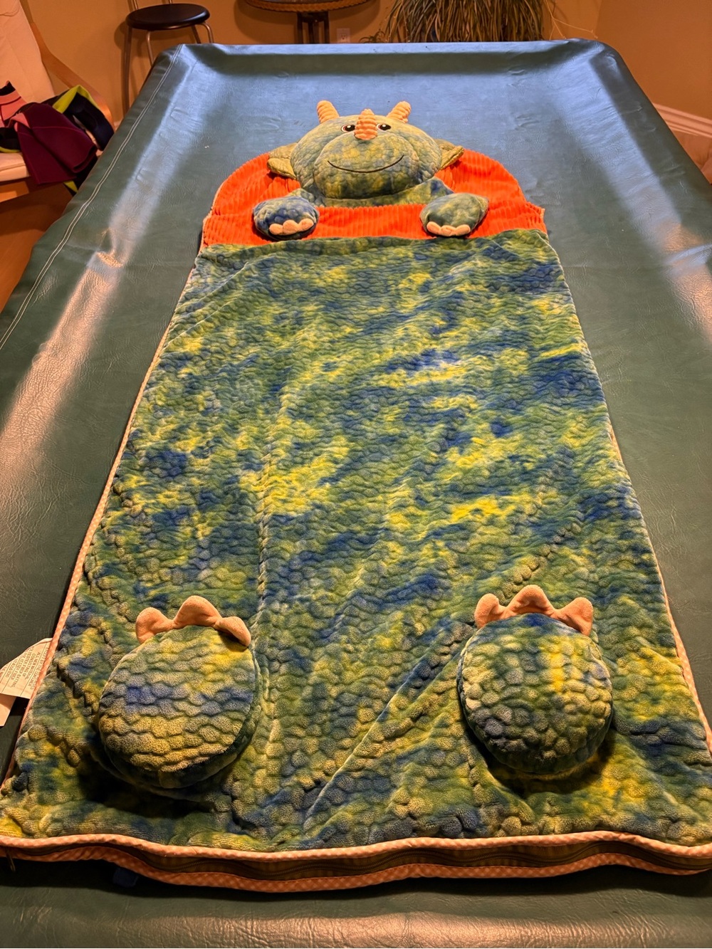 Plush Green & Blue Dinosaur Reptile kids child Hug Fun Sleeping Bag nap or camp